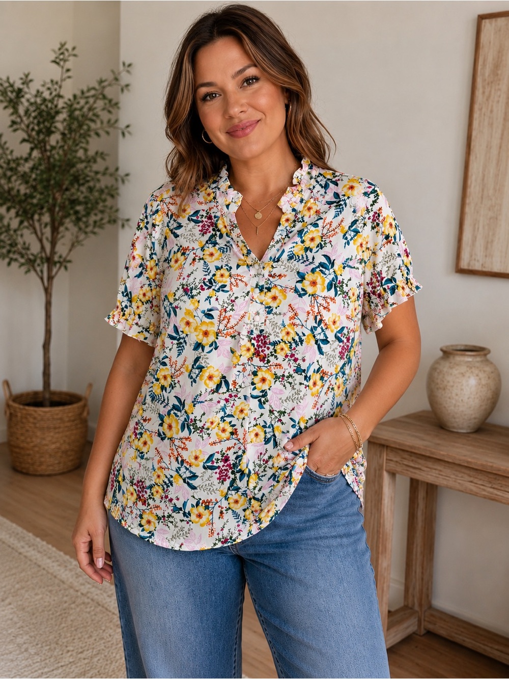 Fyve floral Ruffle-Trim Short Sleeve Blouse